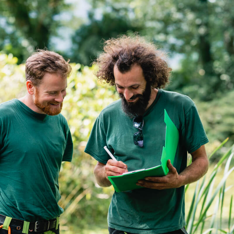 Zwei Landschaftsgärtner schauen lächelnd auf einen Plan im Grünen stehend