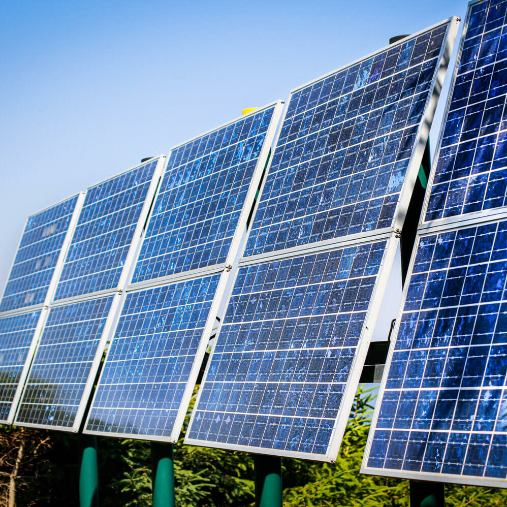 Eine Reihe von Solarplatten im Grünen